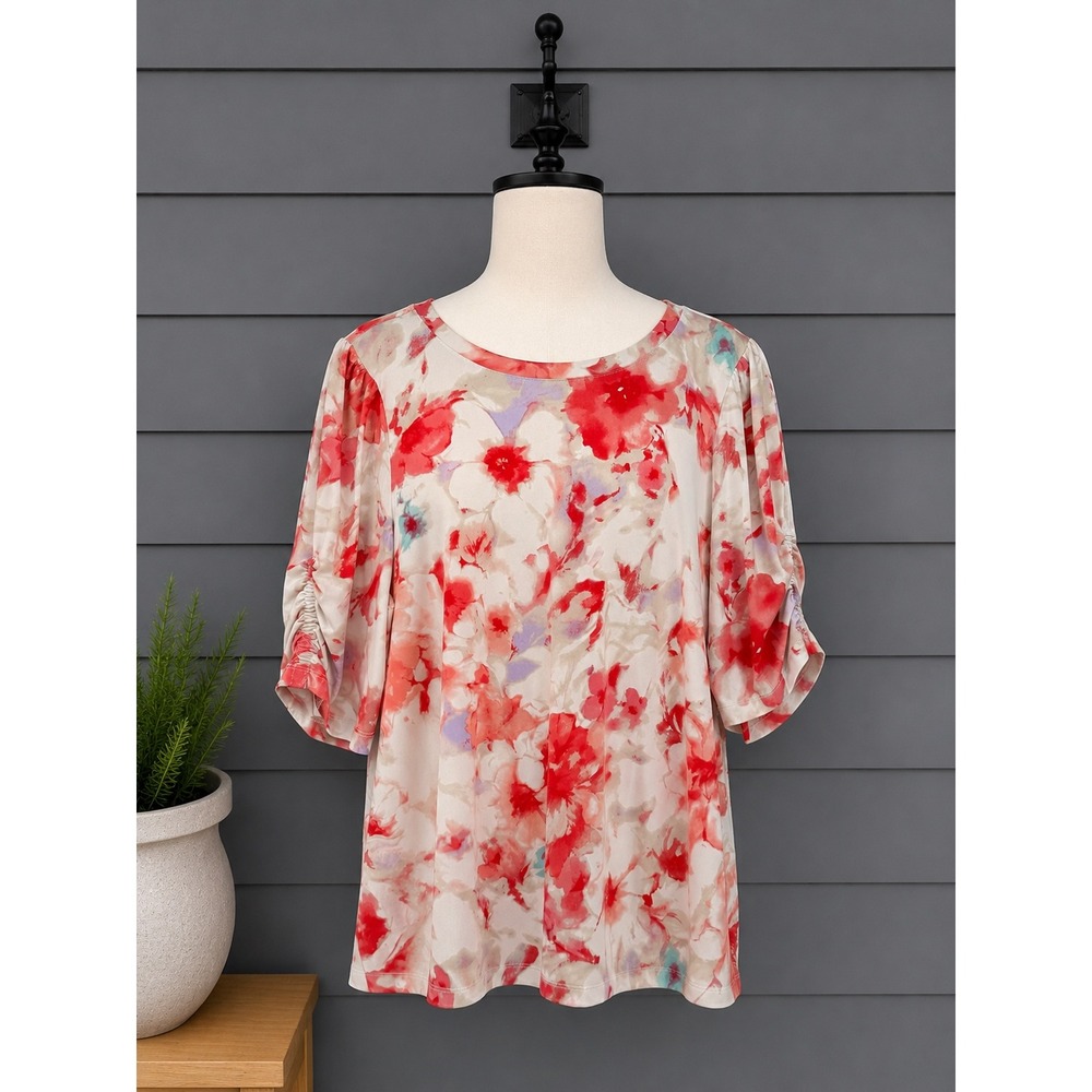 Susan Graver Liquid‎ Knit Crew Neck Top Ruched Sleeves Size Large Coral Floral